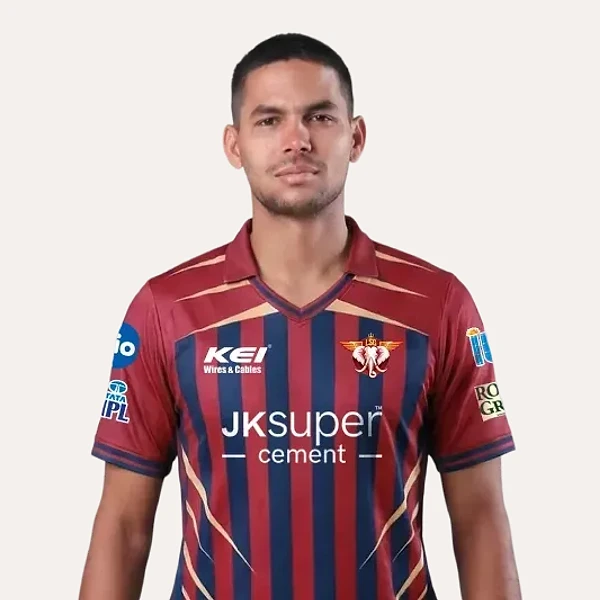 Akash Singh portrait in Official Lucknow Super Giants squad shirt