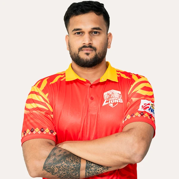 Dinesh Adhikari portrait in Official Lumbini Lions 2025 squad shirt
