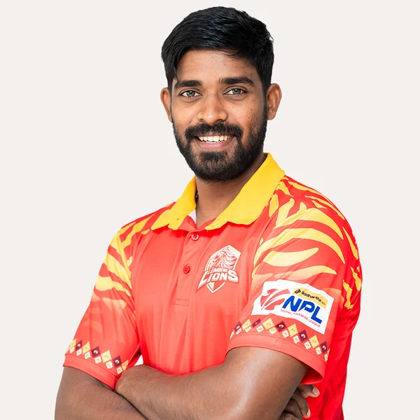 Durgesh Gupta portrait in Official Lumbini Lions 2025 squad shirt