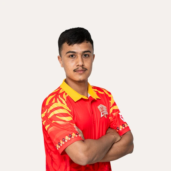 Sumit Maharjan portrait in Official Lumbini Lions 2025 squad shirt