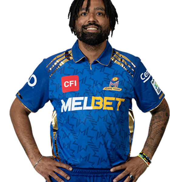 Dane Piedt portrait in Official MI Cape Town Season 5 squad shirt Dane Piedt portrait in Official MI Cape Town Season 5 squad shirt