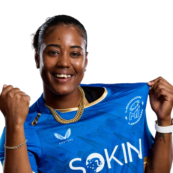 Hayley Matthews portrait in Official MI London 2026 squad shirt