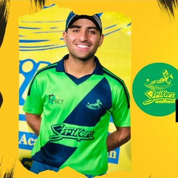 Alam Zaib Khan portrait in Official Strikers Cricket Academy shirt