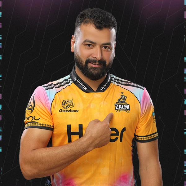 Khalid Usman portrait in Official Peshawar Zalmi PSL 11 squad shirt