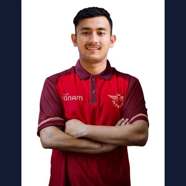 Aakash Chand portrait in Official Pokhara Avengers squad shirt