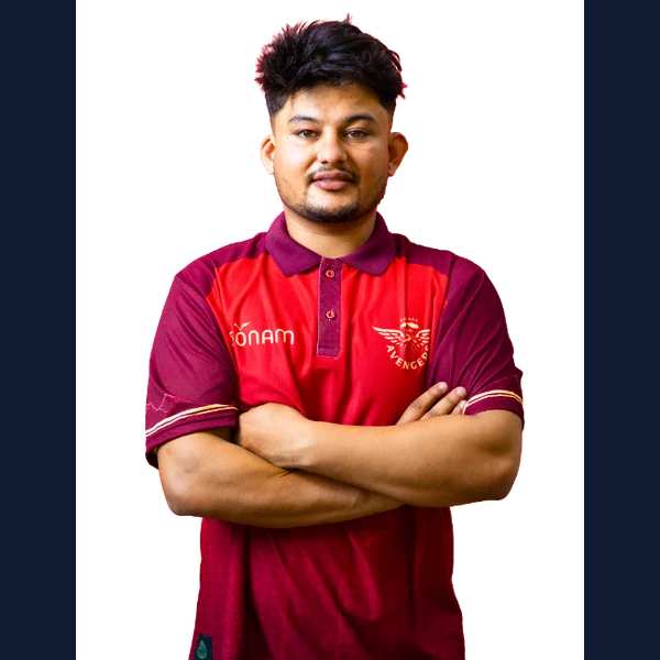 Dinesh Kharel portrait in Official Pokhara Avengers squad shirt