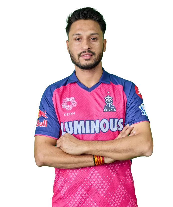 Akash Madhwal portrait in Official Rajasthan Royals squad shirt
