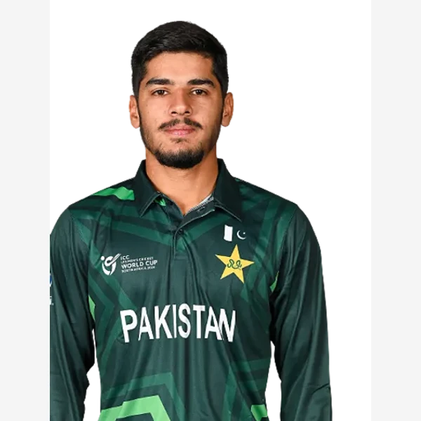 Shahzaib Khan portrait in Official Pakistan Under-19 playing shirt