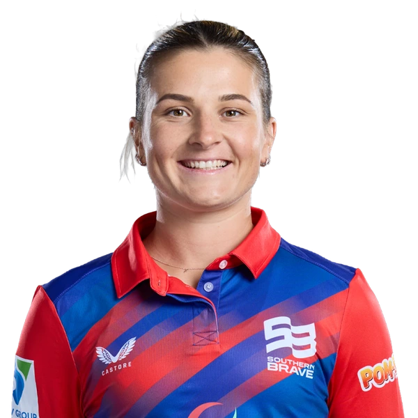 Phoebe Franklin portrait in Official Southern Brave 2026 squad shirt
