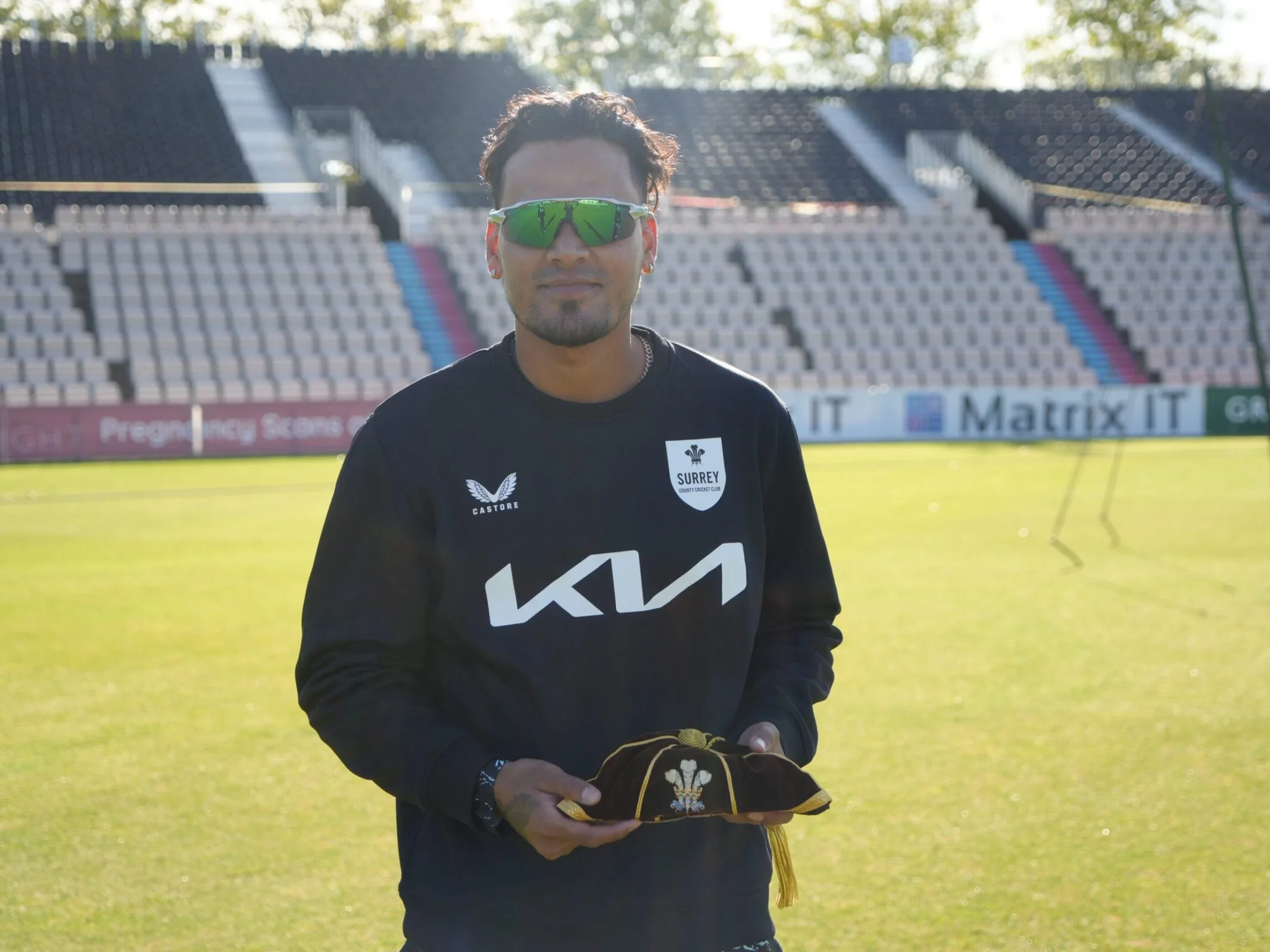 Rahul Chahar portrait in Official Surrey training shirt