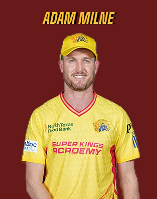 Adam Milne portrait in Official Texas Super Kings 2026 squad shirt