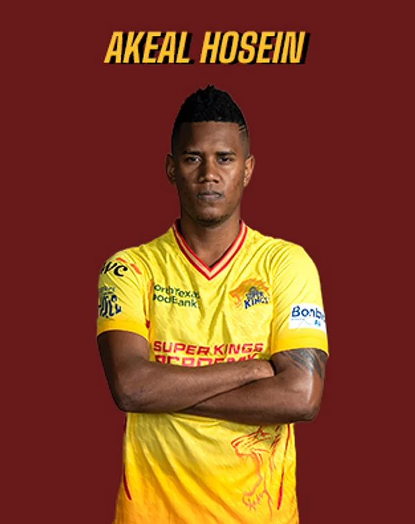 Akeal Hosein portrait in Official Texas Super Kings 2026 squad shirt