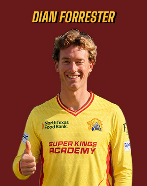 Dian Forrester portrait in Official Texas Super Kings 2026 squad shirt