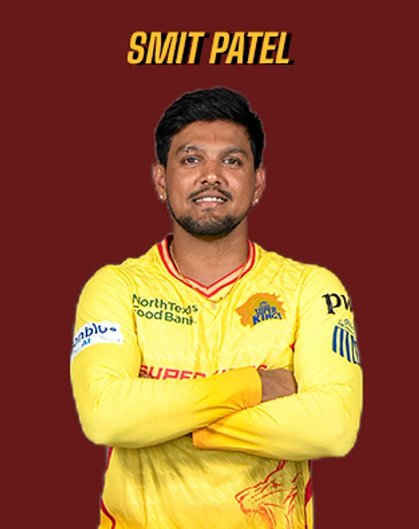 Smit Patel portrait in Official Texas Super Kings 2026 squad shirt