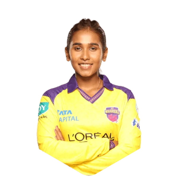 G Trisha portrait in Official UP Warriorz 2026 squad shirt